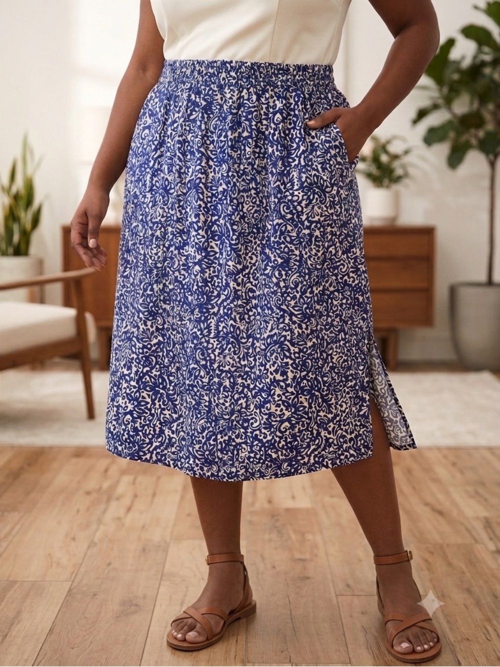 NWT Terra&Sky Blue White Floral Paisley Mini Skirt 2X 20W 22W with Pockets.